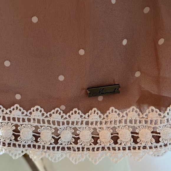 𝅺NWT Mismash Sheer Bubble Sleeves Taupe with Cream Polka Dots Dress M - Picture 8 of 12